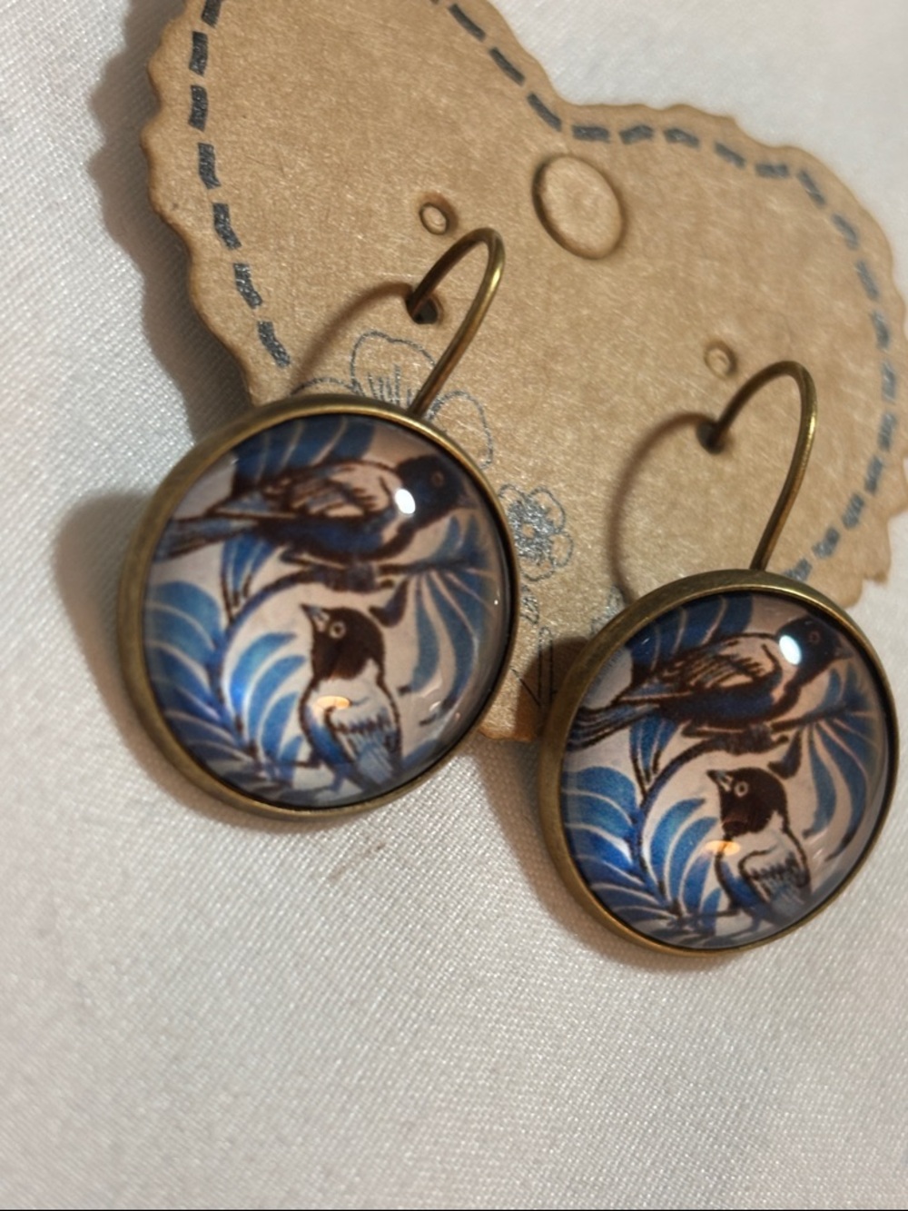 Blue Bird Print Dangle Earrings - Brass Frame